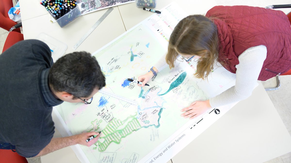 A view from above of two INFEWS researchers working on a large drawing with colored markers.