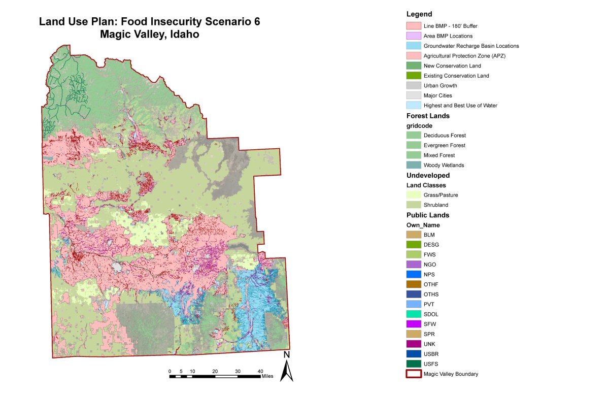 A map of the Magic Valley in Idaho showing the position of forest, undeveloped land, public lands, and cities and protected zones.