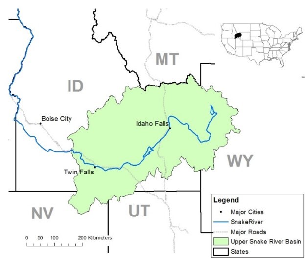 Map of study area, highlighting southeastern Idaho and small areas in western Wyoming and northeastern Nevada.