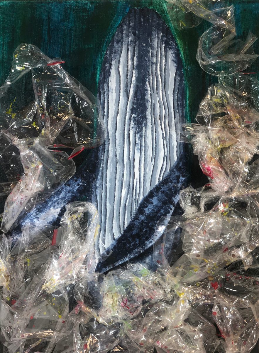 Mixed media artwork showing a whale rising out of waste plastic.