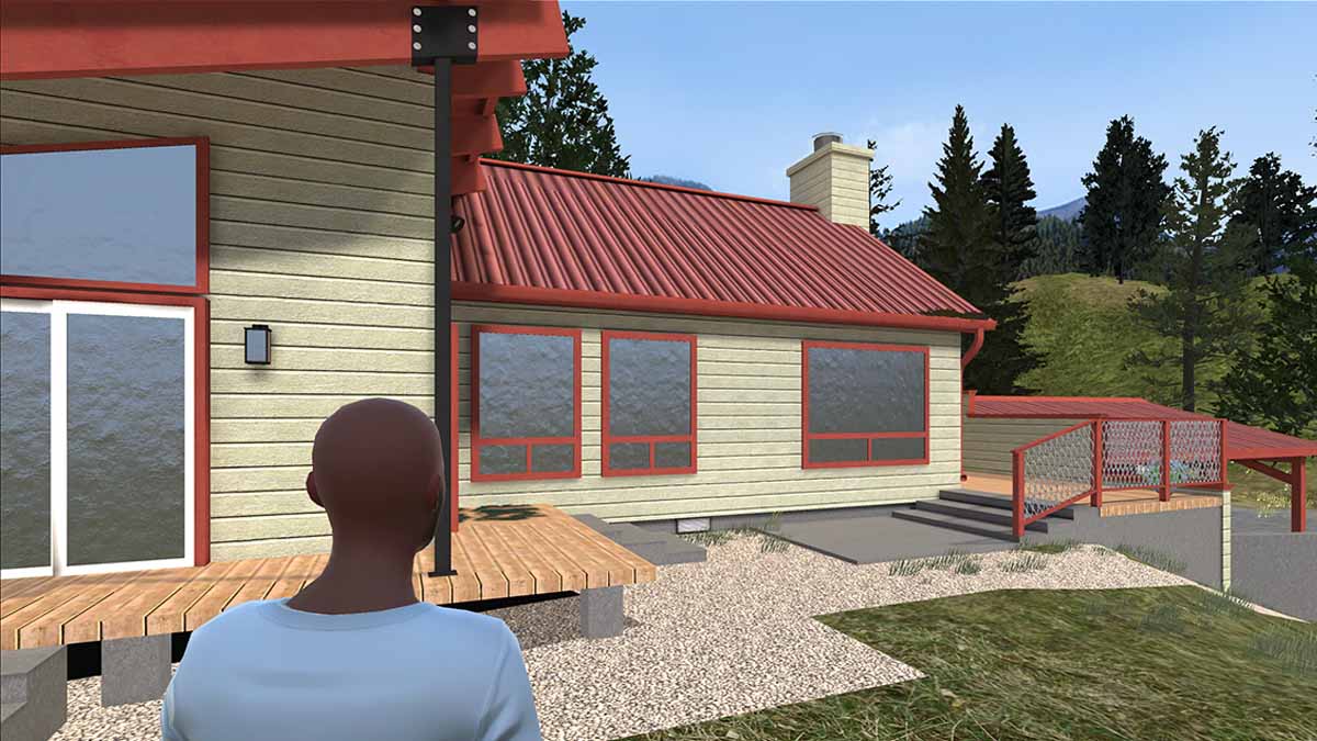 Graphic simulation of a ranch type home with back of person in foreground.