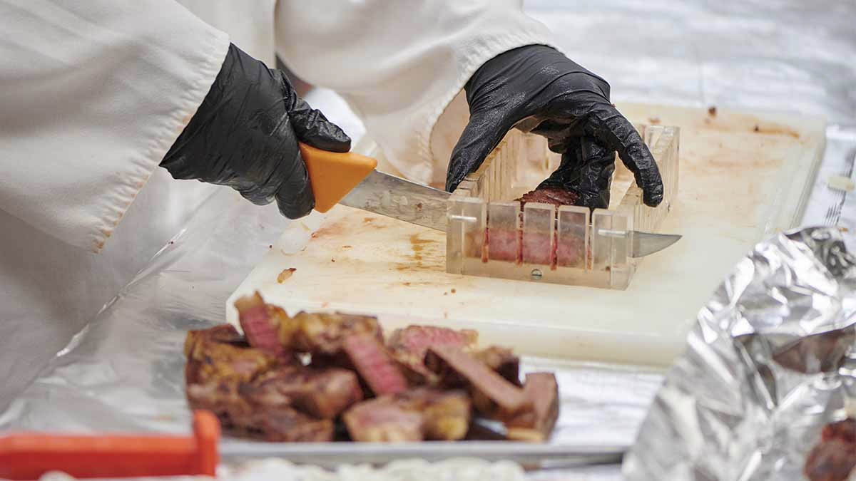 Person cutting steak on a cutting board.