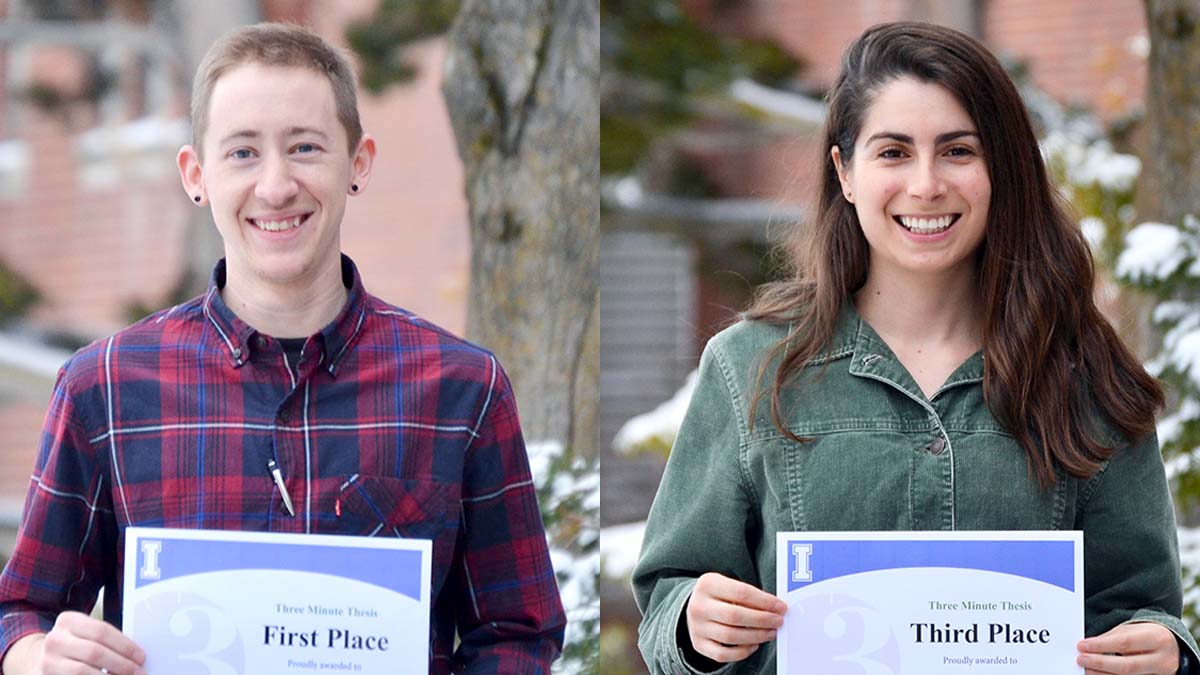 Graduate students Torrey Stephenson and Amanda Bauer dominated the U of I Three-Minute Thesis Competition with Torrey claiming first place and Amanda finishing in third place.