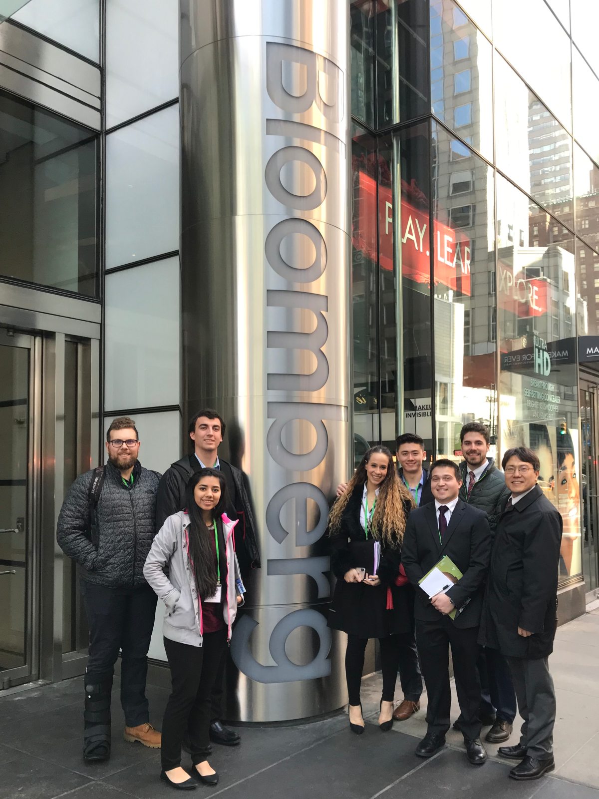 Davis Students pose outside Bloomberg in New York City.