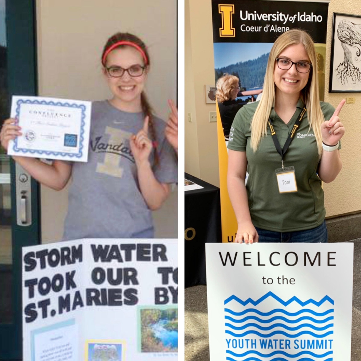 A collage of two images: Toni Eells with her first place certificate in the 2015 Youth Water Summit, and Toni Eells as a conference inter in 2019.