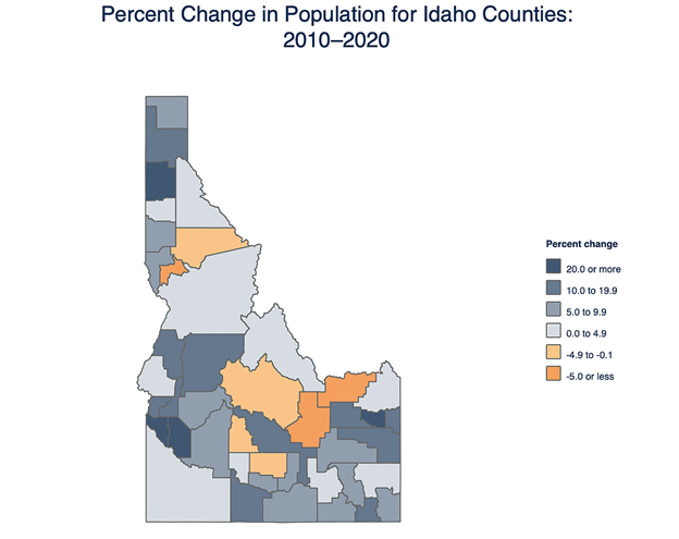 Percent change in population for Idaho Counties 2010-2020; Kootenai County shows a 23.7% increase.