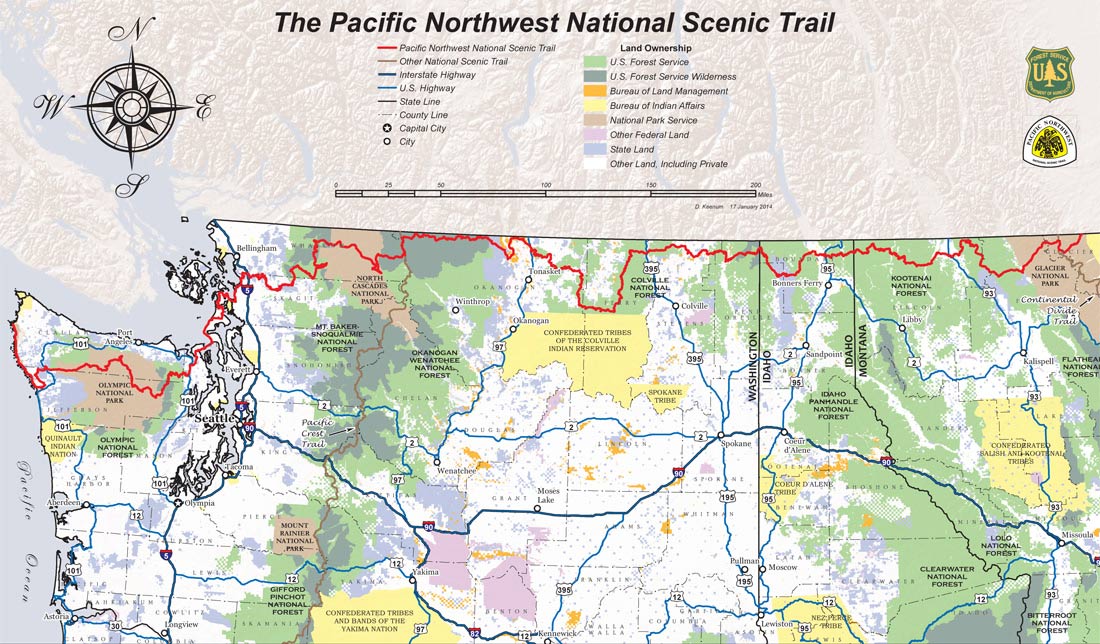 A map showing the route of the Pacific Northwest Scenic Trail, leading from the Olympic Peninsula, following the Canadian Border and ending in Glacier National Park.