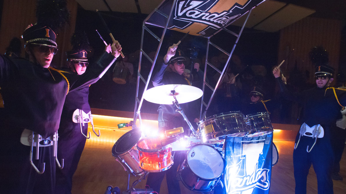 The Vandal Marching Band's Beesten at its unveiling in the Bruce M. Pitman Center's International Ballroom.