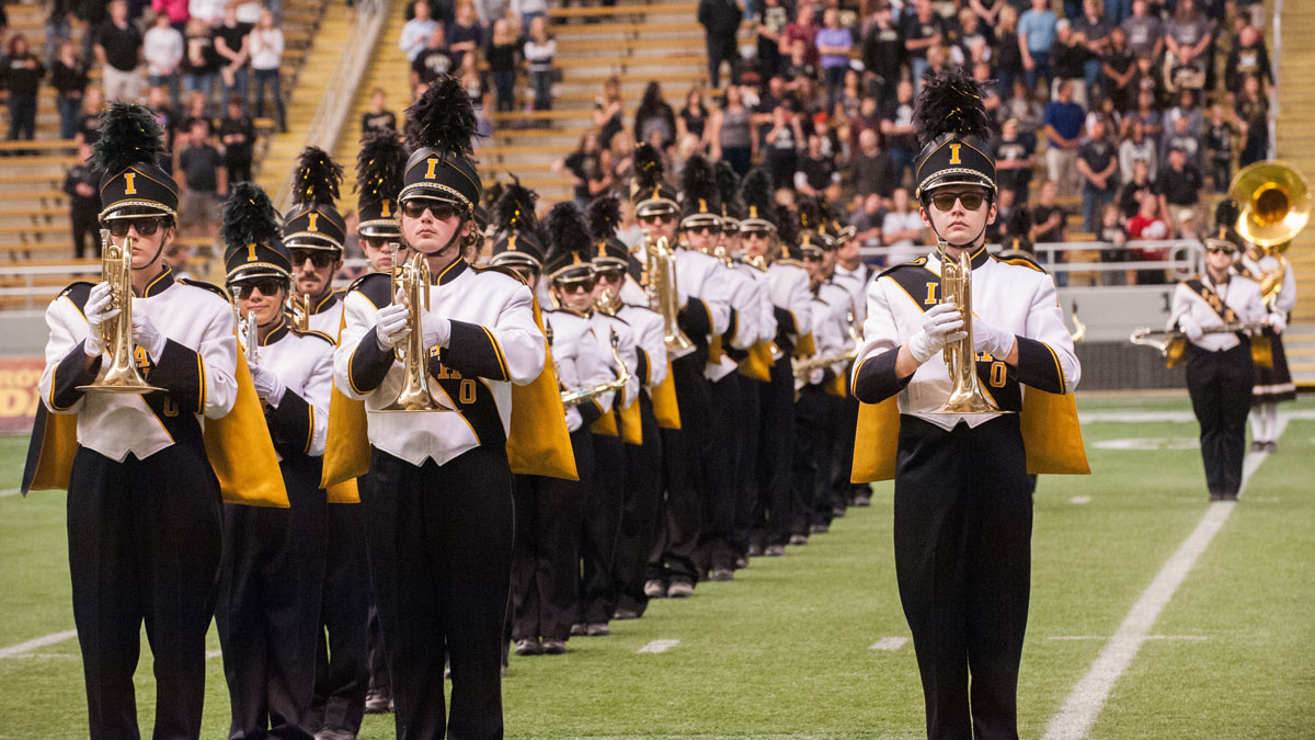 The Vandal Marching Band on the field at homecoming.