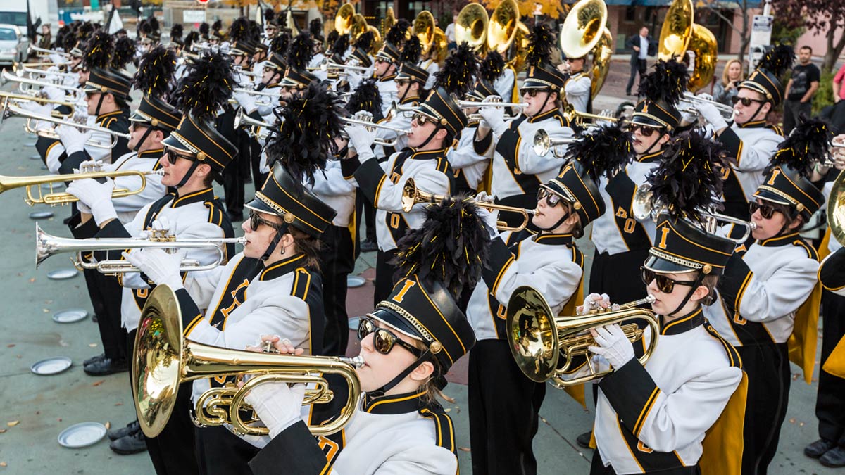 The Vandal Marching Band performs on the streets of Boise.