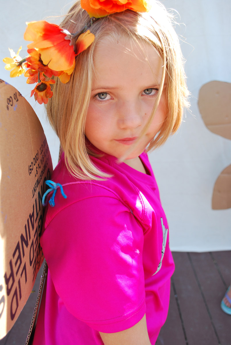 A child in costume with cardboard wings.