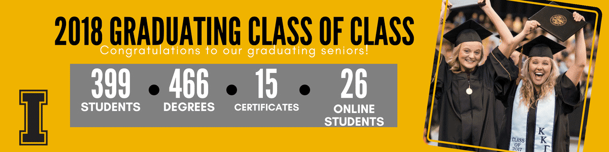 Graduating class of CLASS: 399 students, 466 degrees, 15 certificates, 26 online students