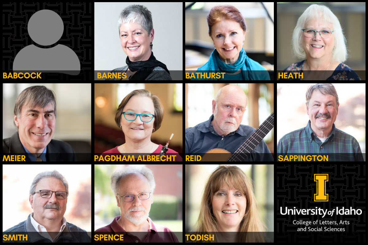 2020 retirees from the University of Idaho College of Letters, Arts and Social Sciences: Babcock, Barnes, Bathurst, Heath, Meier, Pagdham Albrecht, Reid, Sappington, Smith, Spence and Todish.
