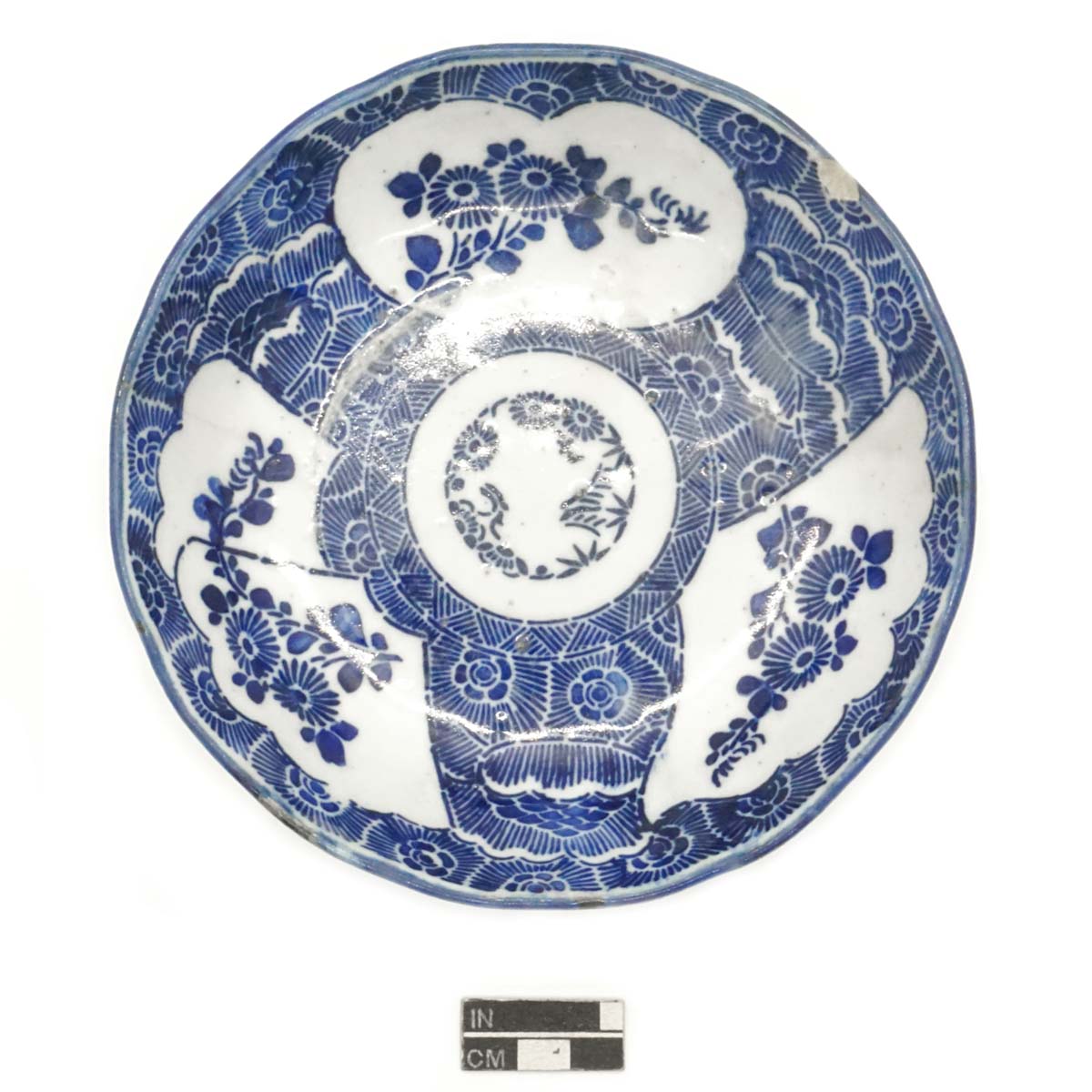 Pickle dish (namasu-zara), katagami stencil decoration with Three Friends of Winter (Sho Chiku Bai) motif, porcelain.