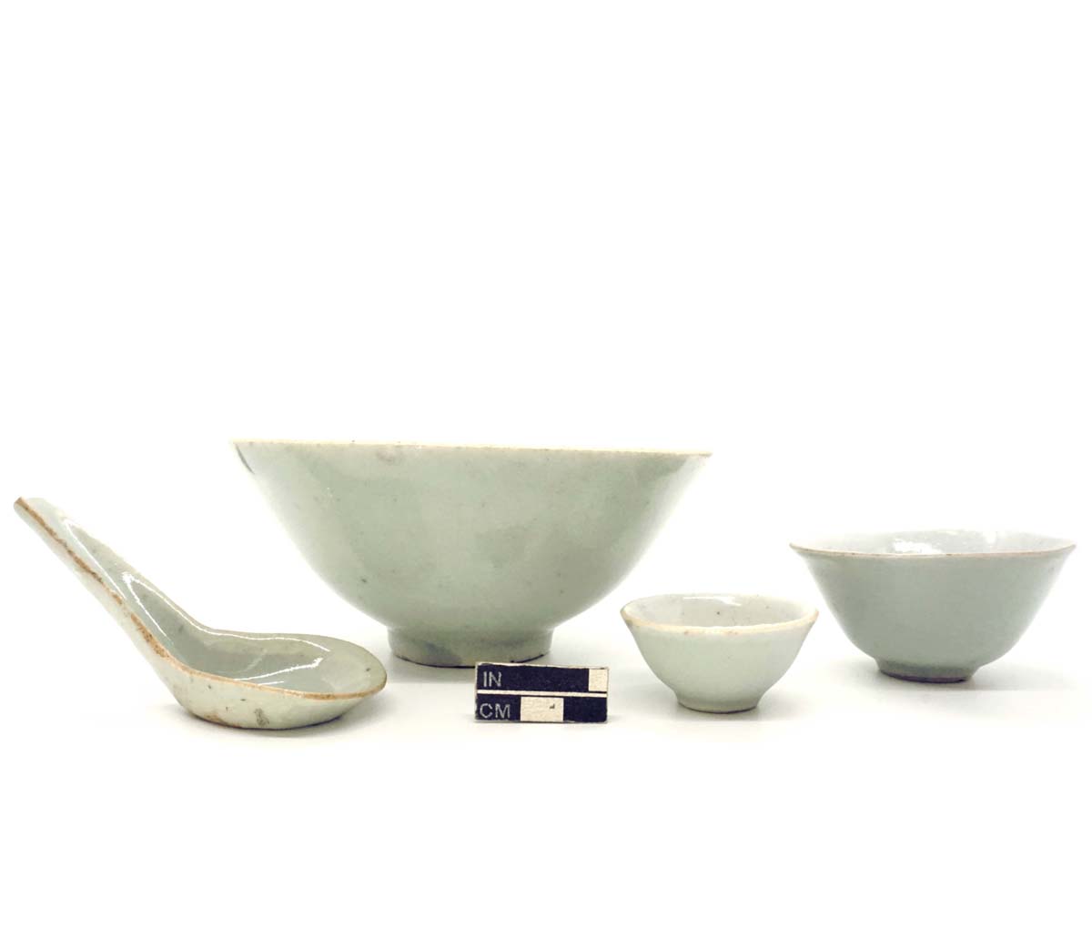 Spoon, rice bowl, liquor cup, and teacup with “Winter Green” glaze, porcelain.