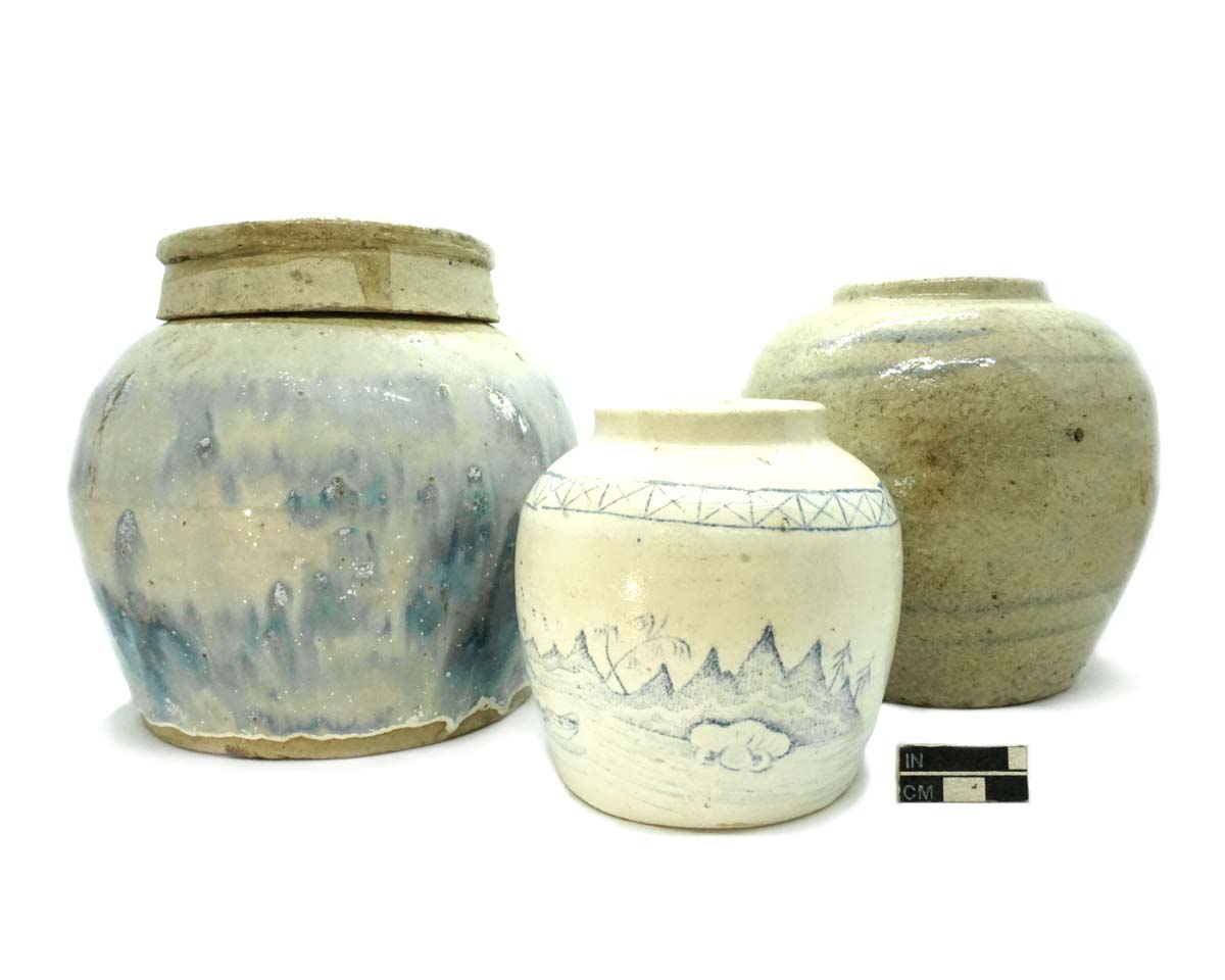 Ginger jars and lid, stoneware with various glazes.