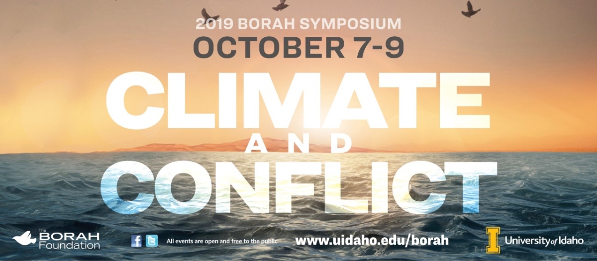 2019 Borah Symposium, October 7-9, Theme is Climate and Conflict. Background shows the ocean during a sunset with birds flying overhead.