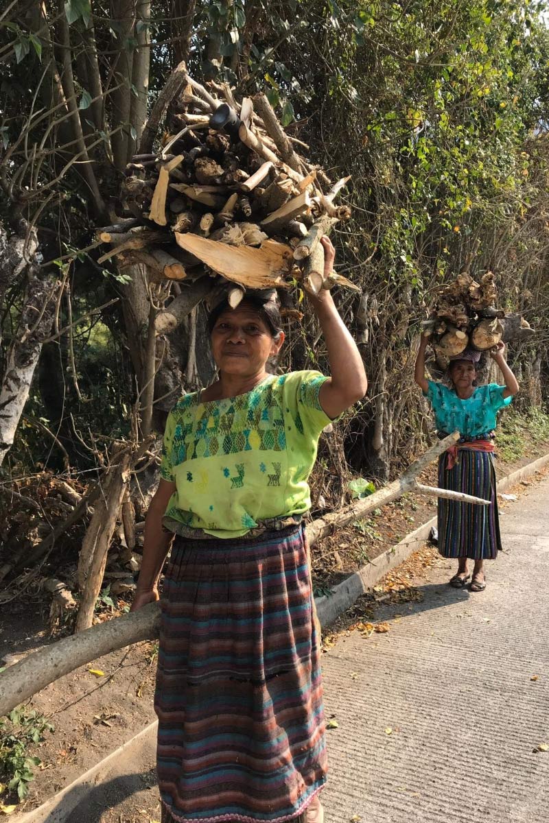 Flavia carries wood on her head