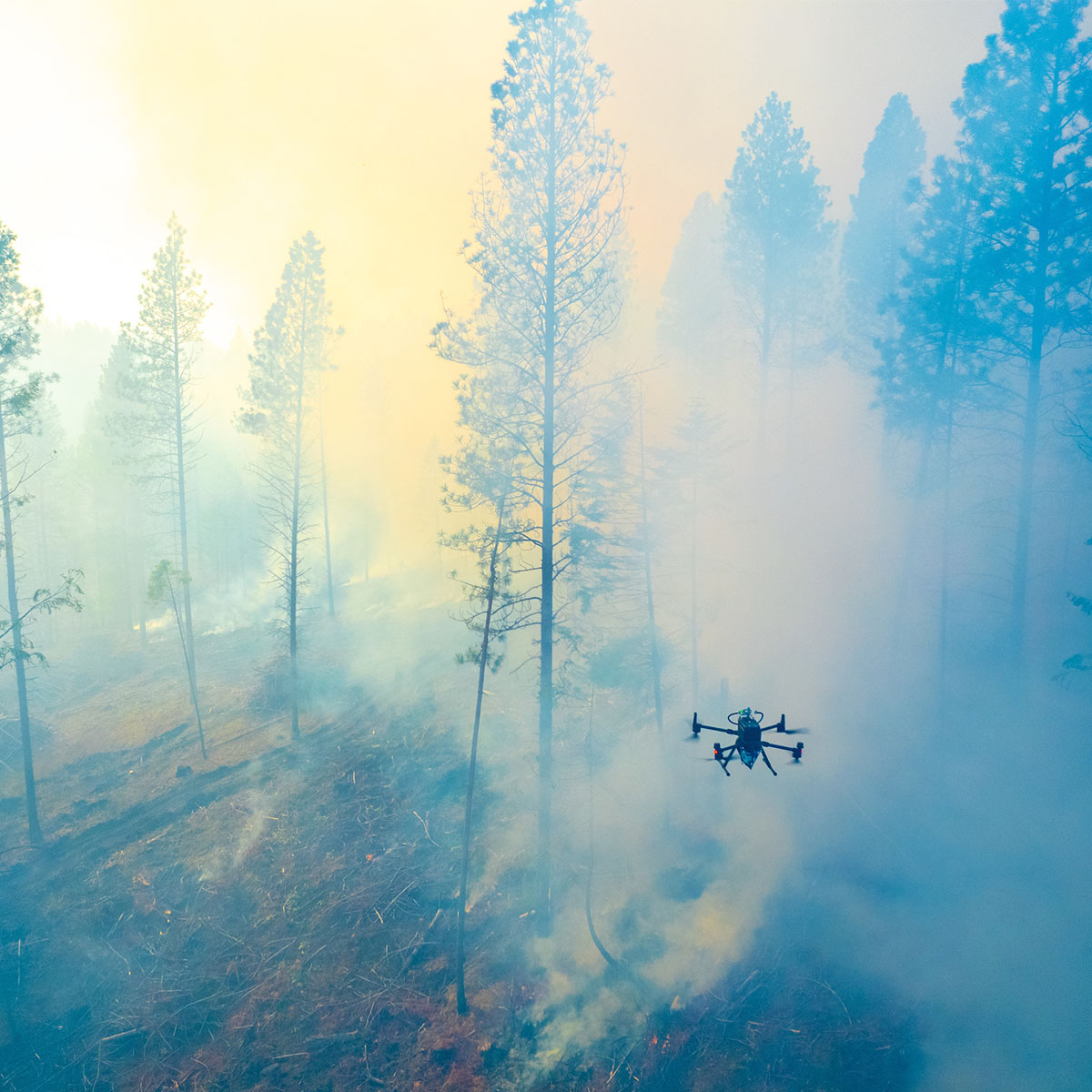 A drone collects smoke in a wildfire.