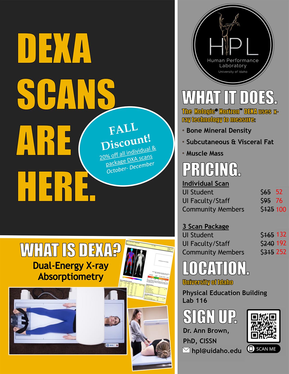Flyer for body scan discounts for fall 2021. 20% across all packages