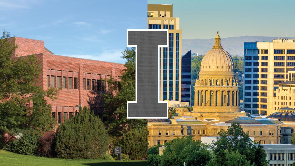 Two photos, the Menard building and the Idaho State Capital building, joined in the middle with the University of Idaho "I."