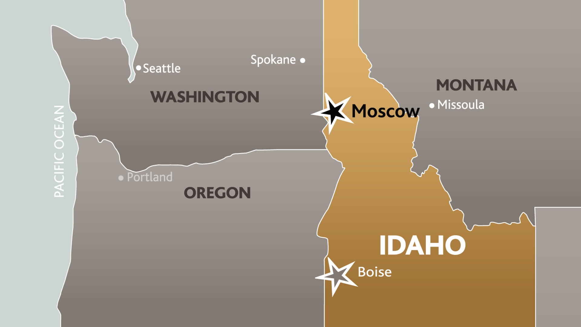  A map of Idaho and surrounding state with Moscow and Boise's locations marked with a star. 