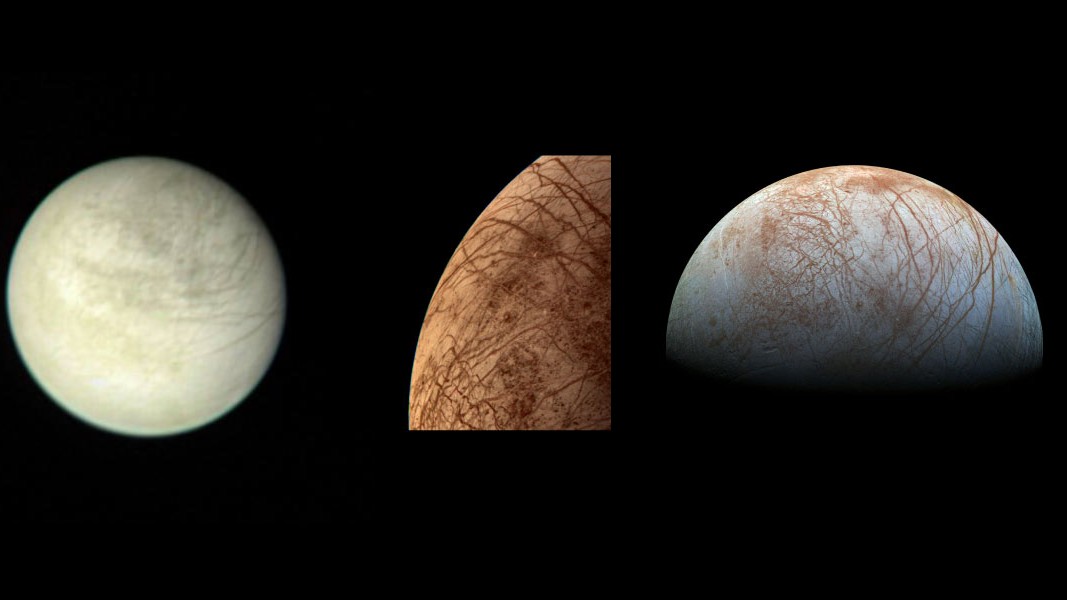 The surface of Europa. Lines crisscross the surface.