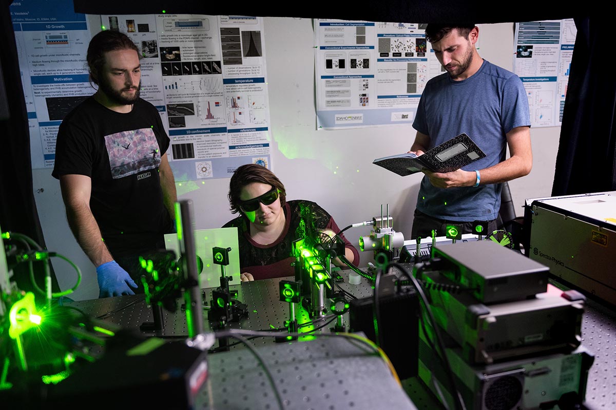 Students in Andrew Vasdekis’ lab conduct an experiment using the fluorescent microscope developed in the lab.