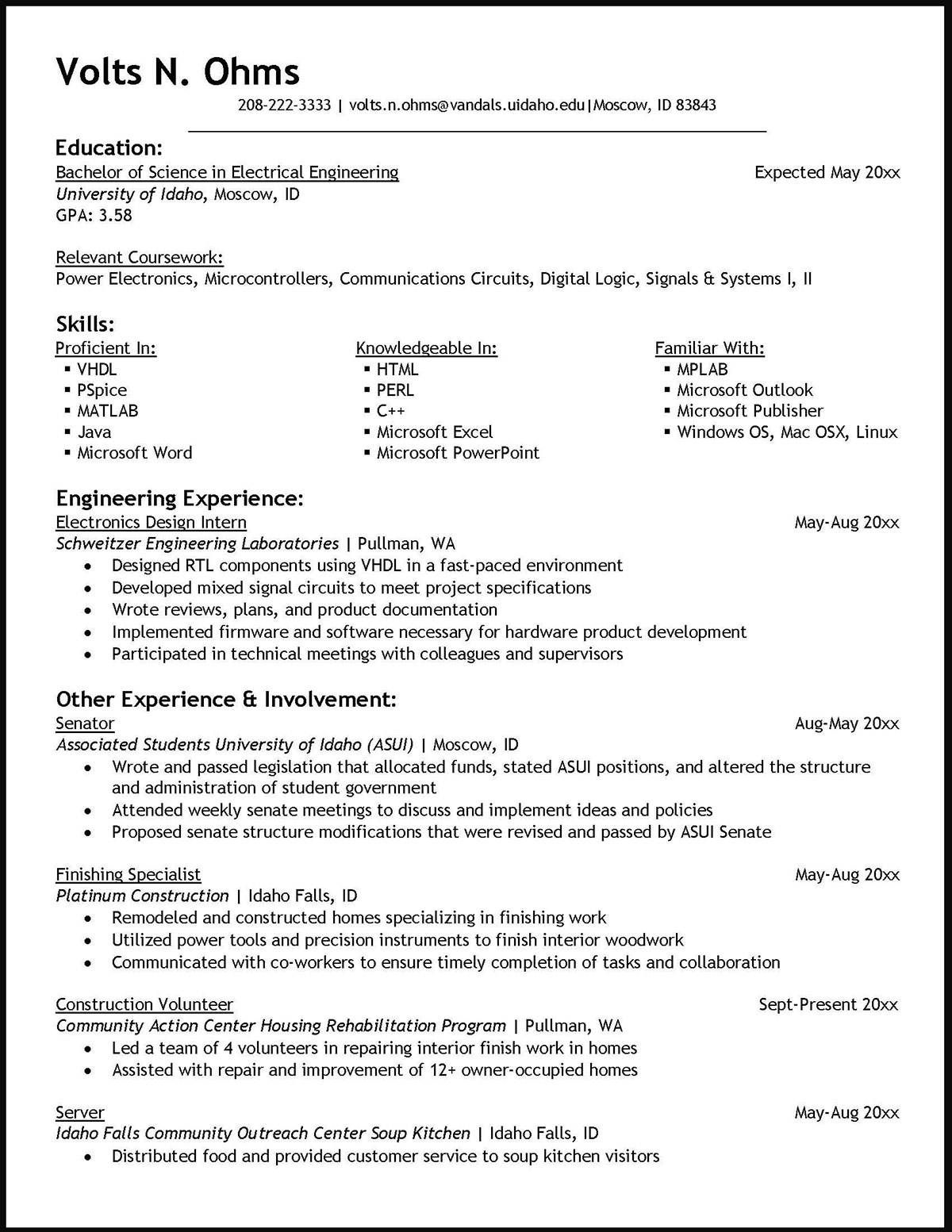 College of Engineering Sample Resume Preview