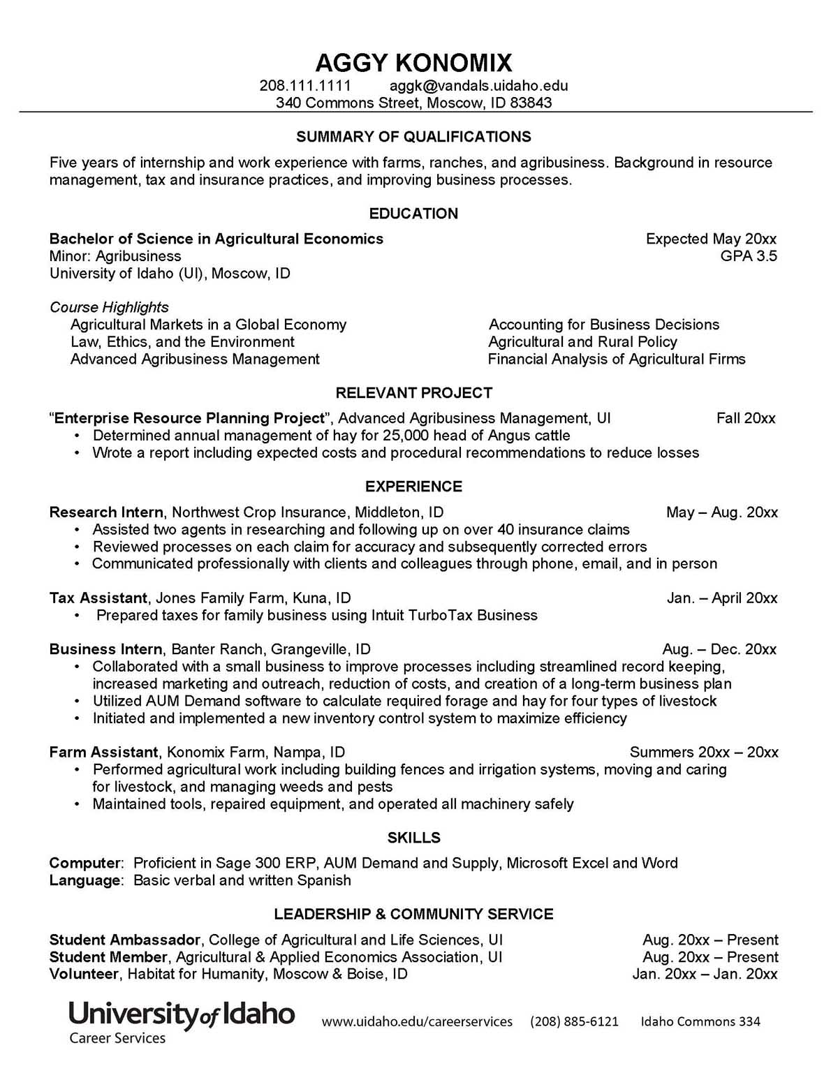 College of Agricultural and Life Sciences Sample Resume Preview