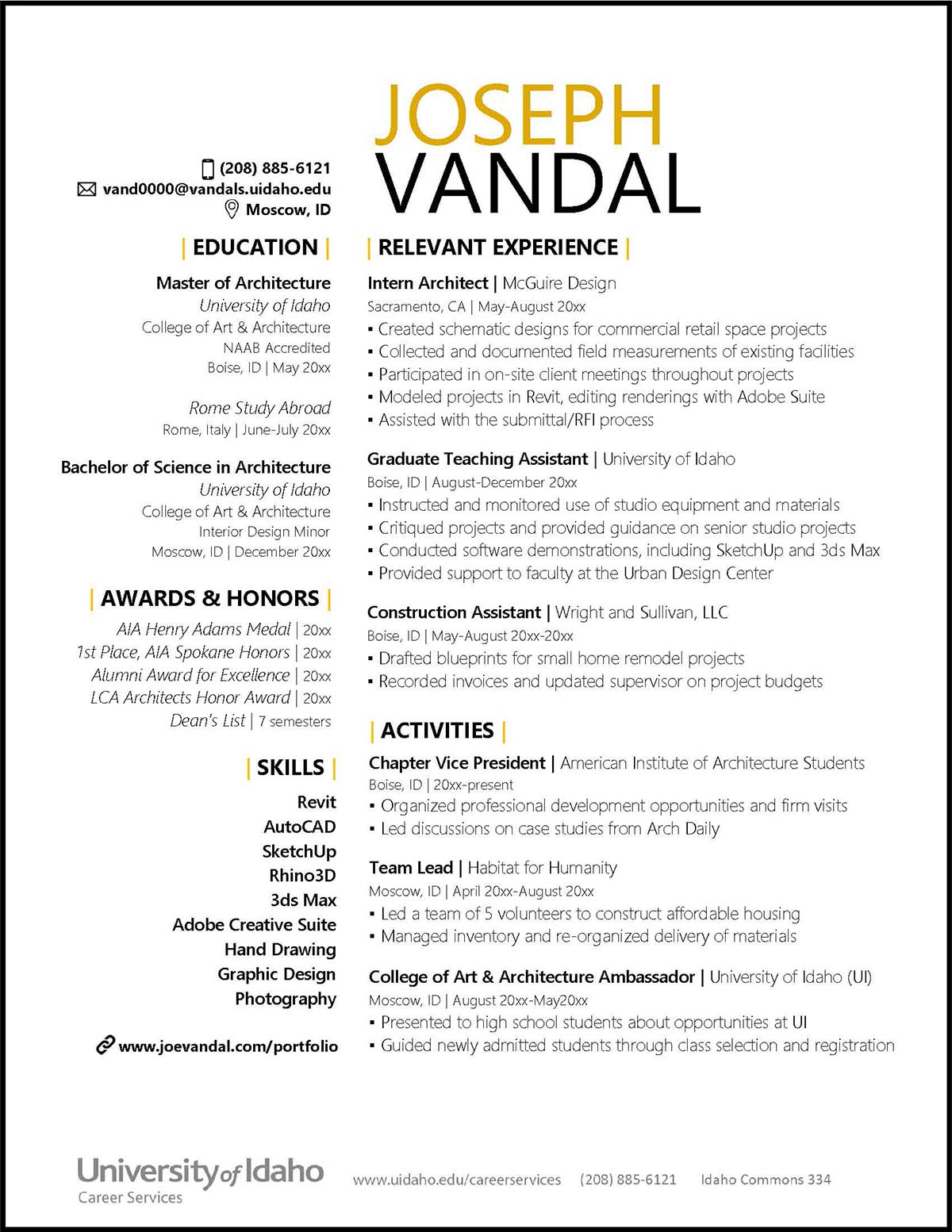 College of Art and Architecture Sample Resume Preview