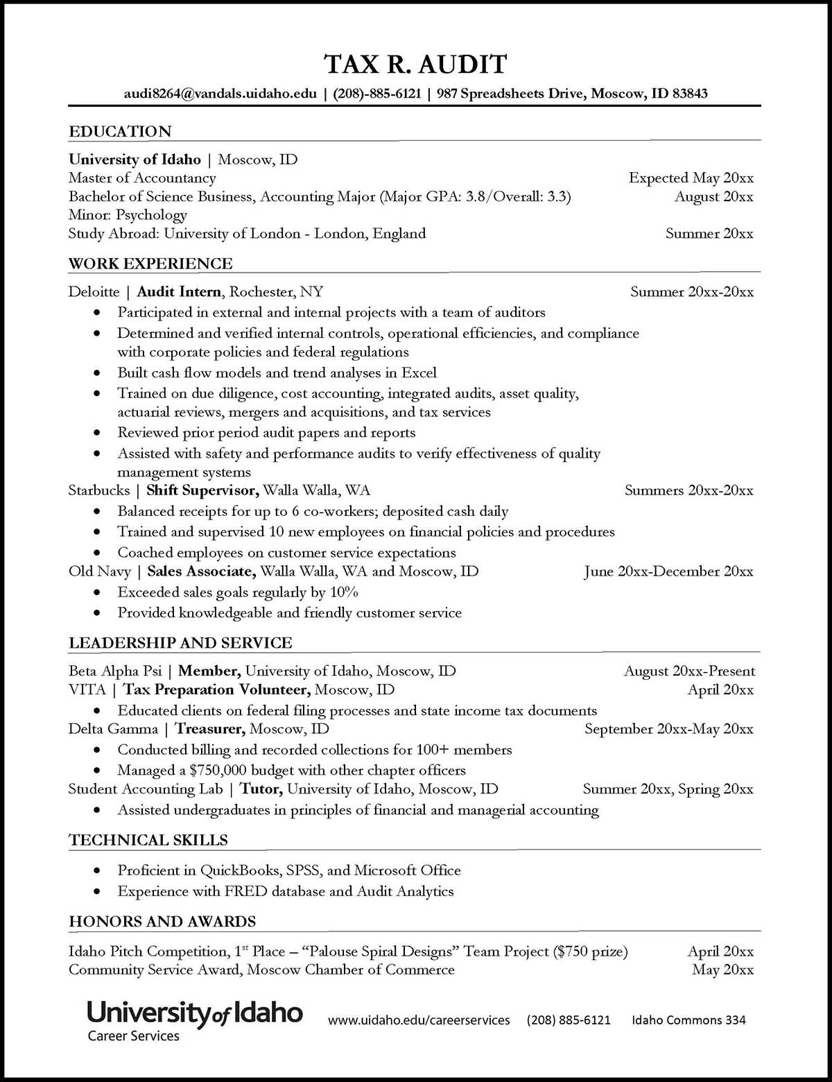 College of Business and Economics Sample Resume Preview