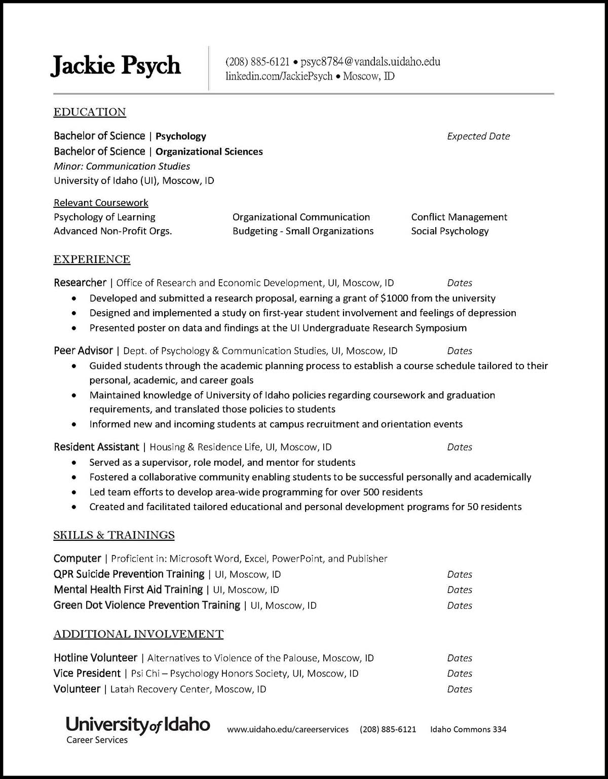 College of Letters, Arts and Social Sciences Sample Resume Preview