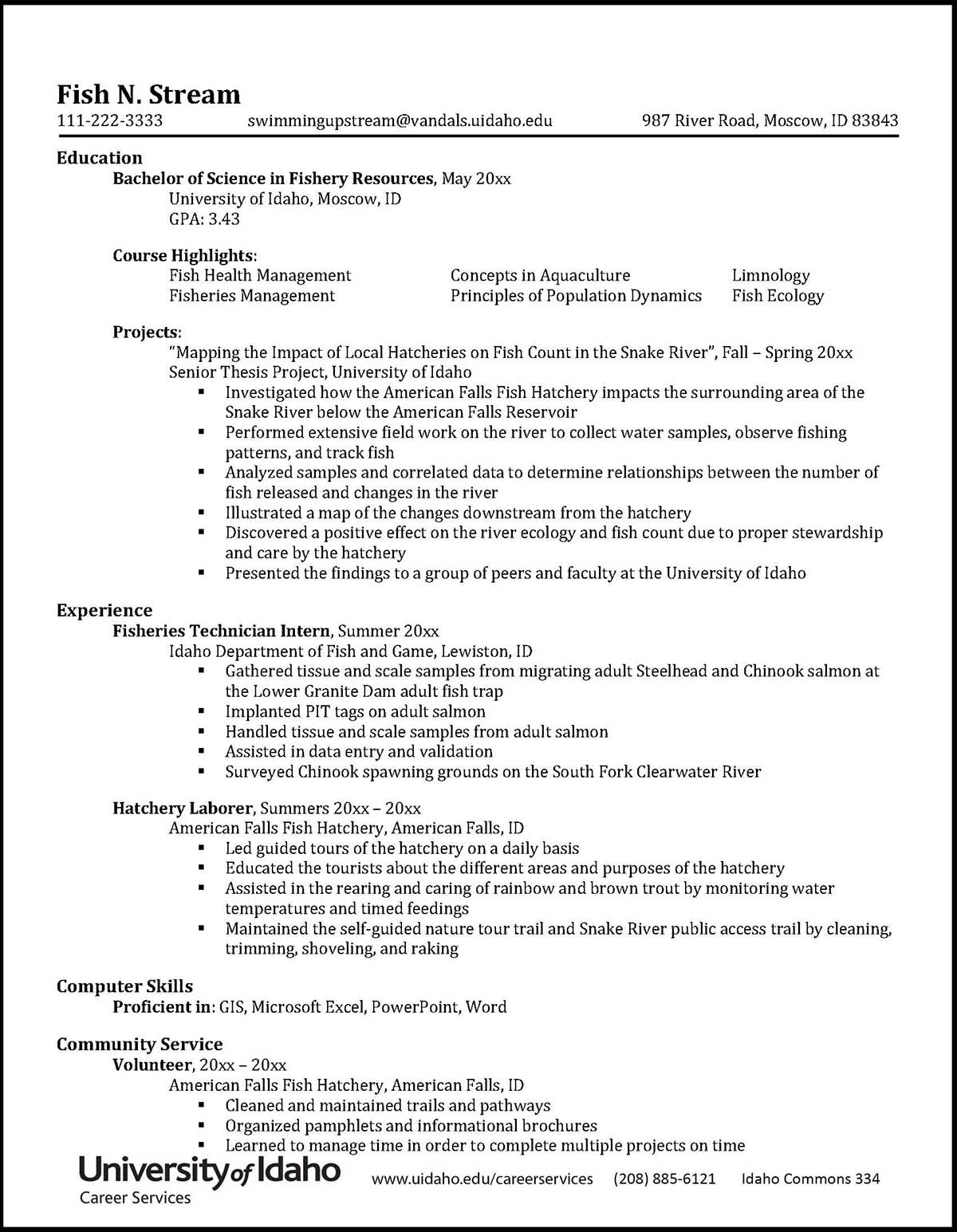 College of Natural Resources Sample Resume Preview