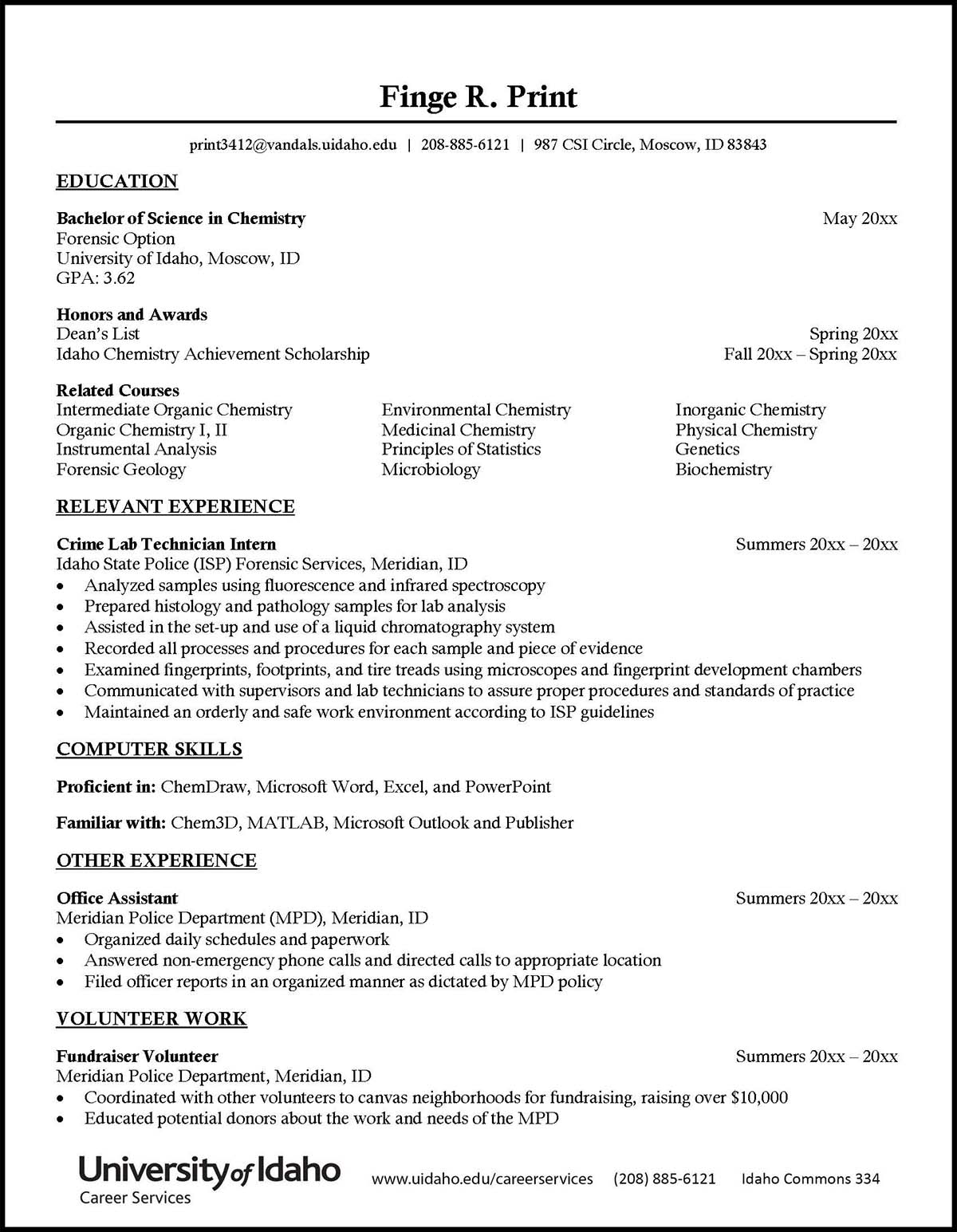 College of Science Sample Resume Preview
