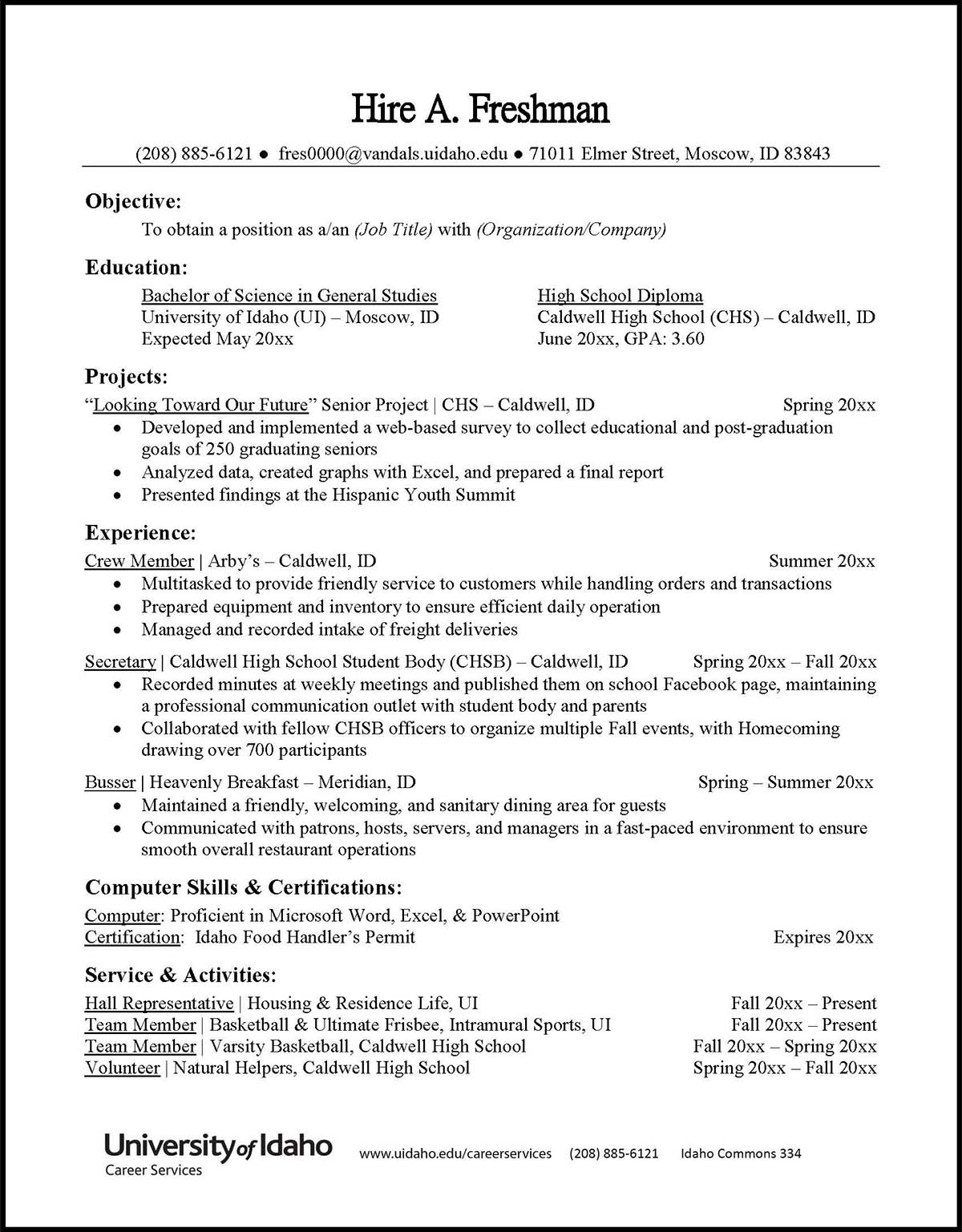 First Year Student Sample Resume Preview