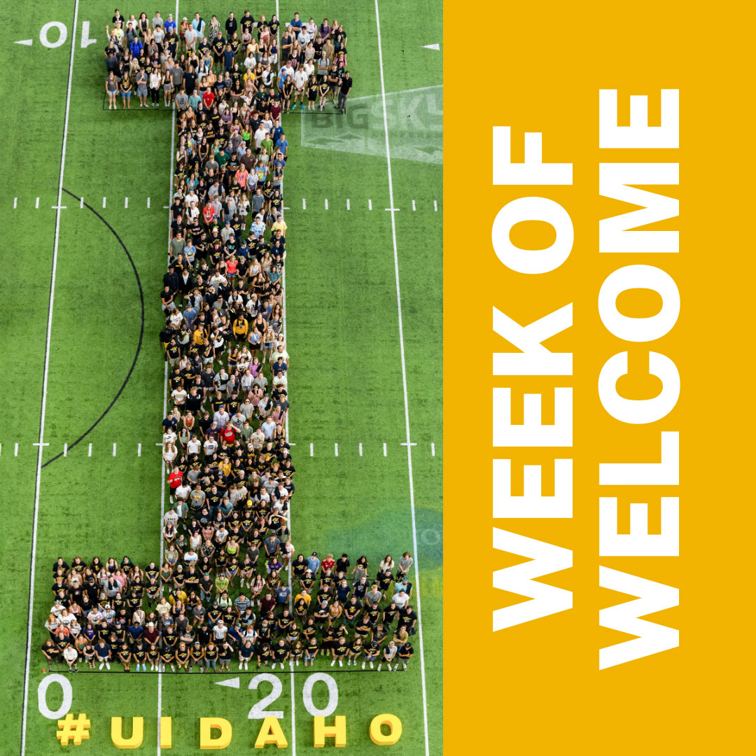 The text "Week of Welcome" imposed over an image of new students arranged in an I.
