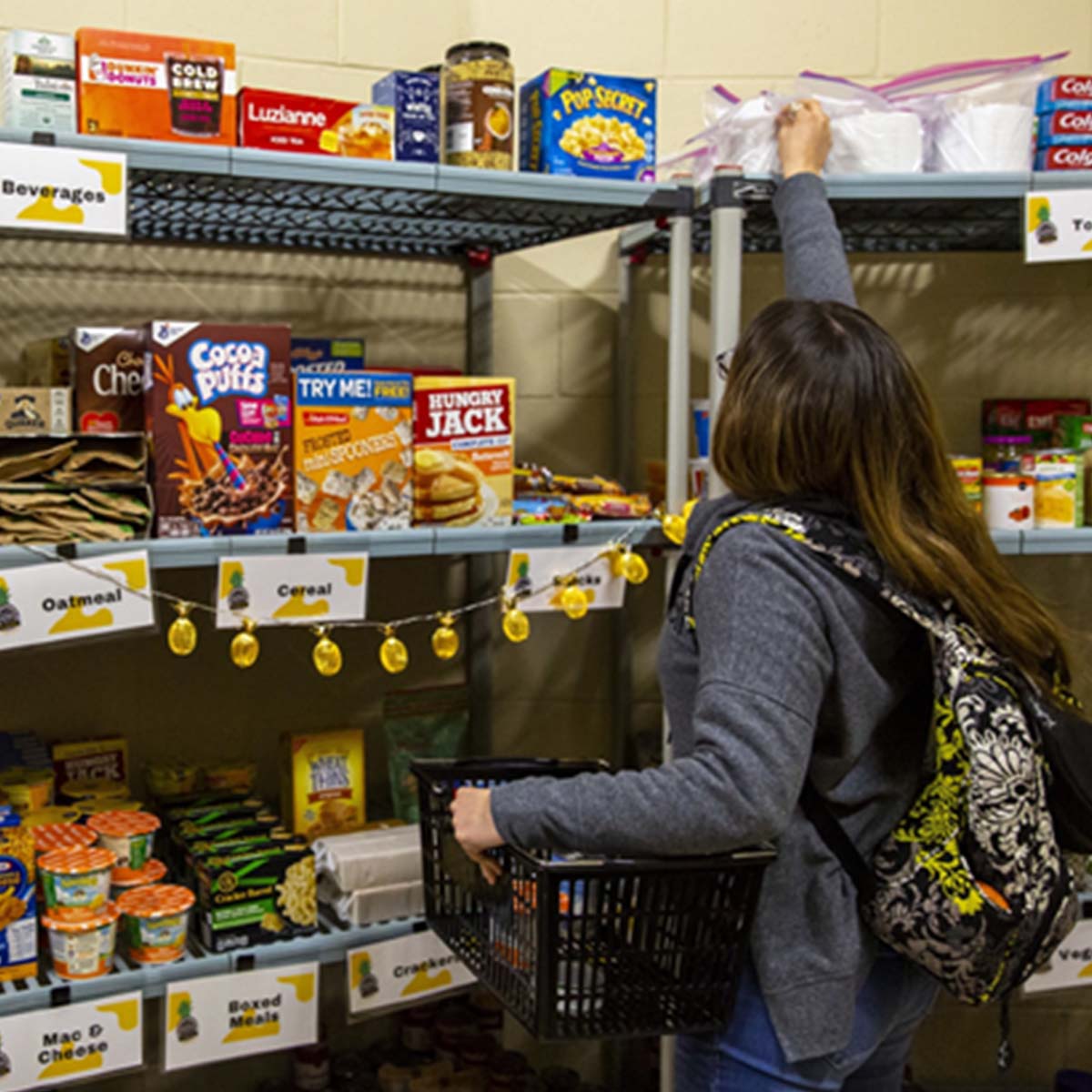 A grocery store style food pantry in available in Shoup Hall, 105. 