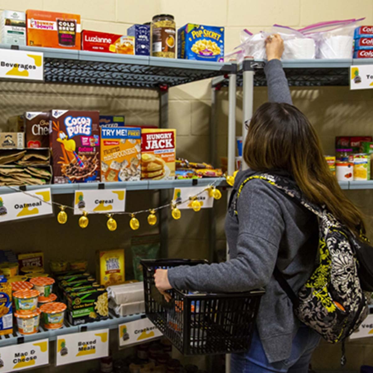 A grocery store style food pantry in available in Shoup Hall, 105.