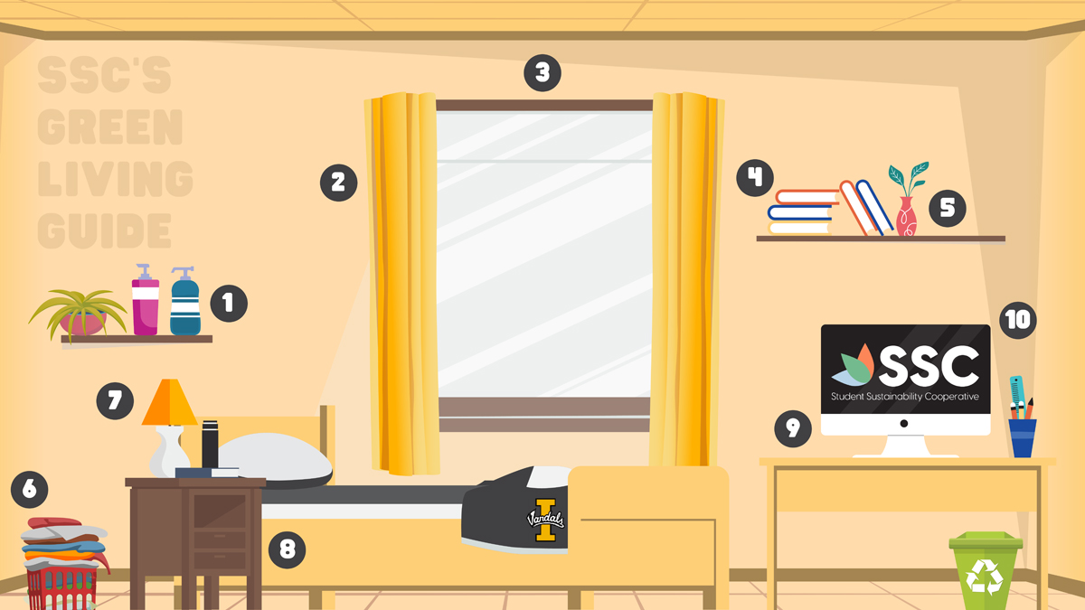 An illustrated student living space. Marked with 1 is a bottle of cleaning supply. Marked with 2 are window curtains. Marked with 3 is a window letting in daylight. Marked with 4 are textbooks. Marked with 5 is a houseplant. Marked with 6 are clothes in a laundry basket. Marked with 7 is a lamp on a nightstand. Marked with 8 is a nightstand. Marked with 9 is a computer. Marked with 10 is the SSC logo on a computer screen