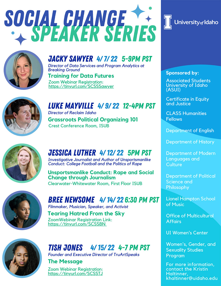 Social Change Speaker Series flyer of speakers.