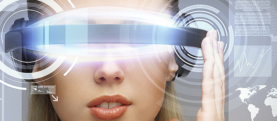 woman with virtual mask and radial illustrations in white light