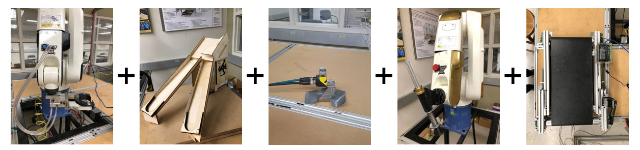 Pic 1: Robot 1 in rest position. Pic 2: Material handling ramp. Pic 3: Cognex scanner. Pic 4: Robot 2 with push finger end effector. Pic 5: Product delivery conveyor.