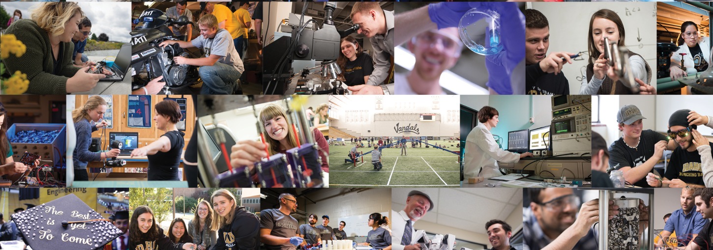 A collage of photos showing Engineering students working on projects.