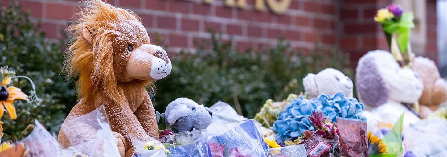 A stuffed lion surrounded by flowers and other stuffed animals in a memorial to the Vandals lost in November 2022.
