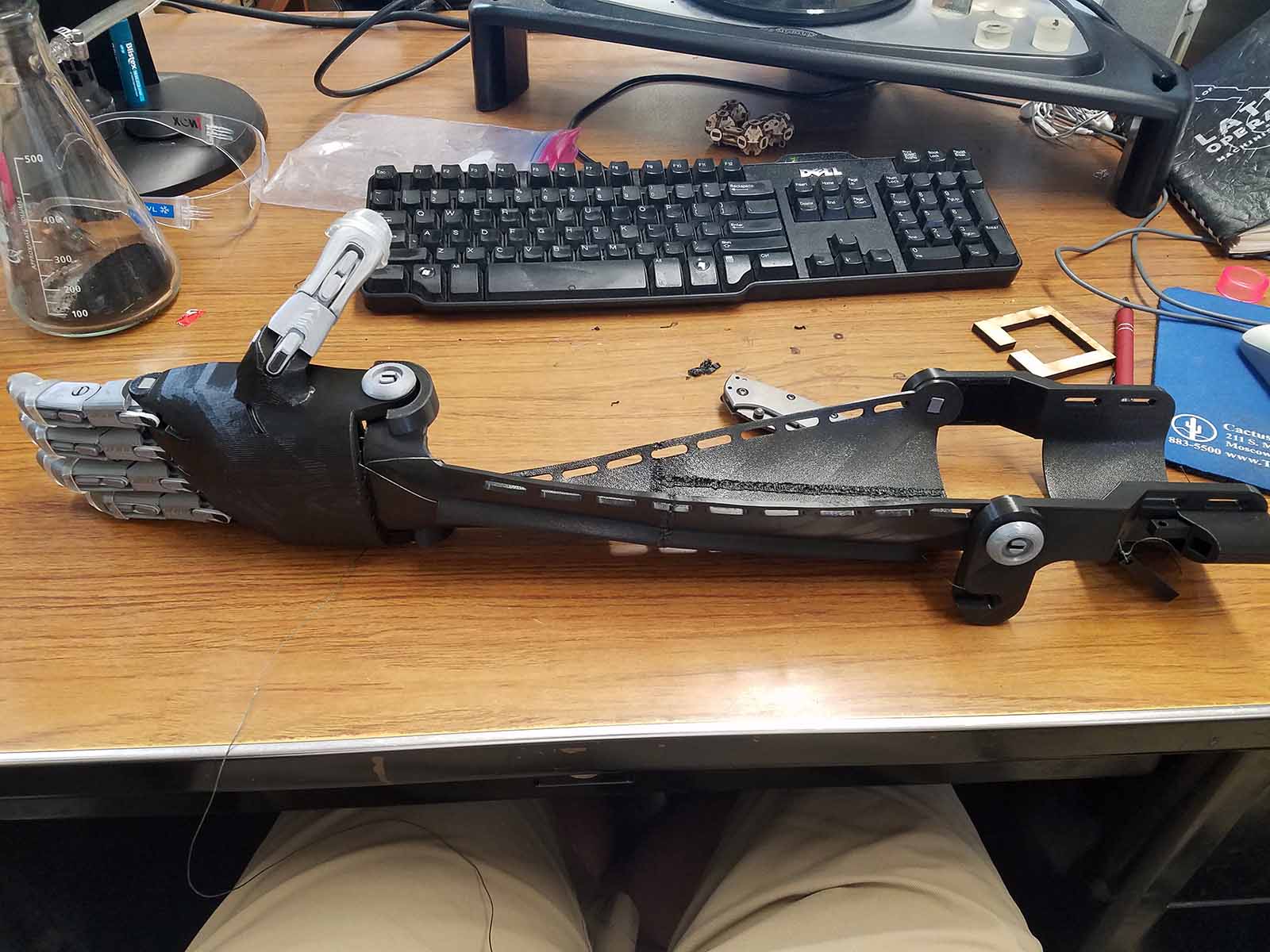 The prosthetic is thermoformable, meaning heat and pressure can be used to form the arm specifically to the user for comfort and fit.
