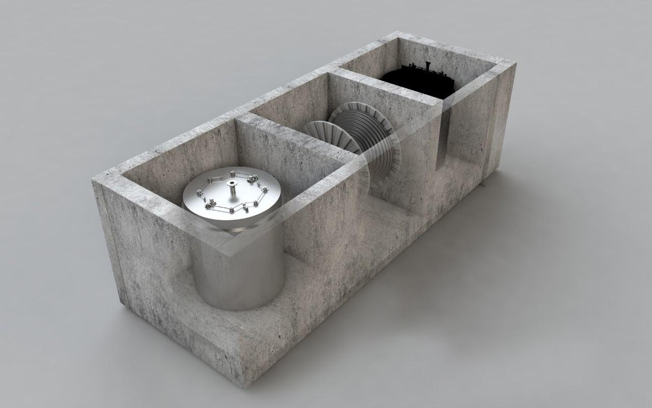 Artist’s rendering of University of Idaho Molten Salt Nuclear Battery reactor design next to power conversion unit. 