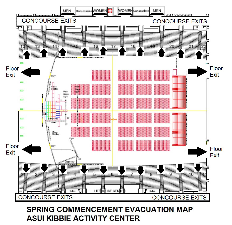 May Commencement Evacuation Map, showing two exits on both the east and west corners of the Kibbie and along each row in the stands