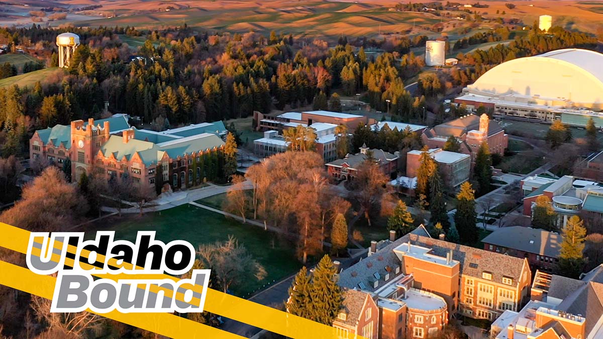 Aerial view of campus with words: UIdaho Bound