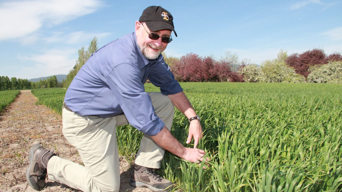 Donn Thill crouching in a field in an agricultural demonstration.